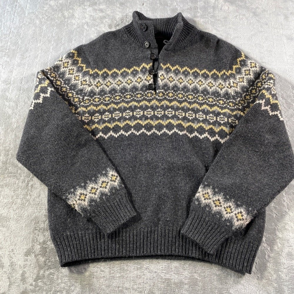 Brooks Brothers Sweater Men Large Handknit Lambswool Fair Isle Button Mock Neck